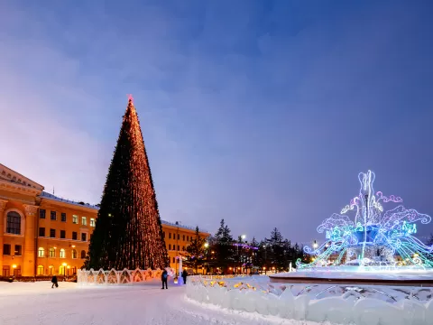 Городская елка украшенная видеогирляндой в Томске 
